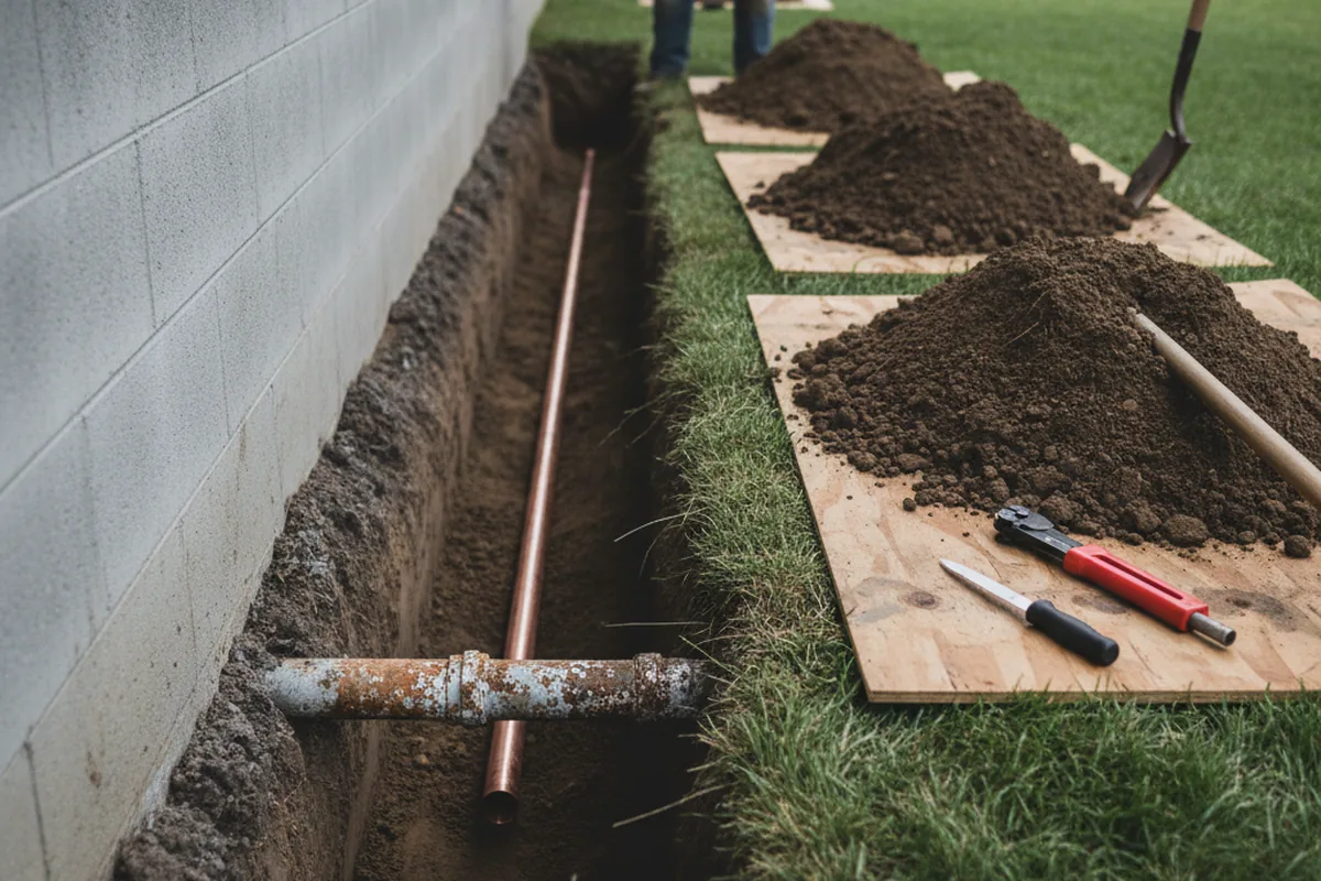 Excavated water line trench during Sewer Line Repair in Yemassee
